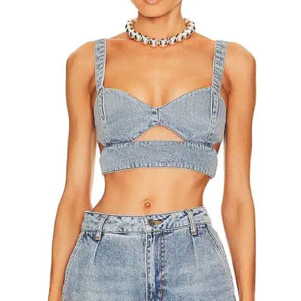 AFRM Light Wash Denim Cutout Crop Top - Light Blue